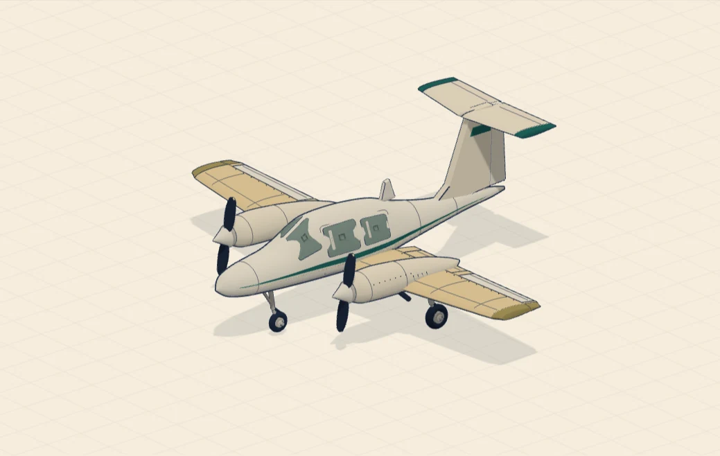 Illustrated three-quarter view of a twin-engine, T-tail aircraft
